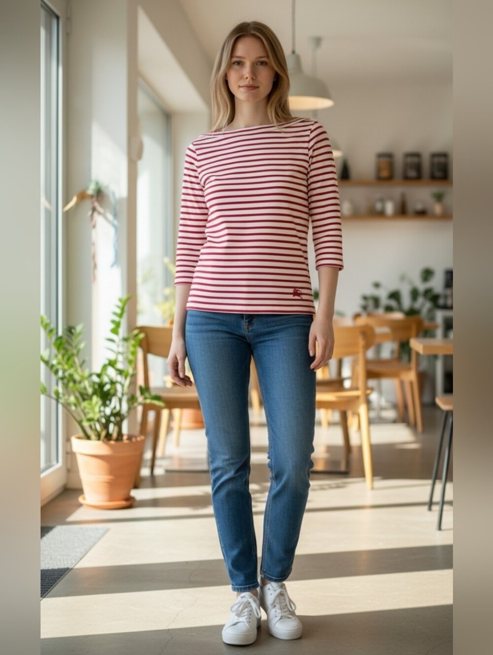 Burberry Brit Red and White Striped Boatneck 3/4 Sleeve Cotton Top Size Small